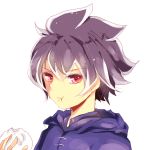  1boy :t artist_request black_hair eating food food_request hoodie male red_eyes simple_background solo warioware white_background young_cricket 