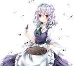  1girl apron ascot between_fingers blue_dress braid dress hair_ribbon izayoi_sakuya knife looking_at_viewer maid maid_headdress nanase_nao pink_eyes puffy_sleeves ribbon shirt short_sleeves silver_hair solo touhou tray twin_braids waist_apron 