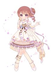  1girl absurdres bow breasts brown_hair brown_ribbon curly_hair detached_sleeves dokodemonai dot_nose doughnut dress eyelashes floral_background food frilled_dress frills full_body gloves highres holding holding_donut holding_food idolmaster idolmaster_cinderella_girls idolmaster_cinderella_girls_starlight_stage jewelry knees_together_feet_apart lace-trimmed_dress lace_trim layered_dress light_blush looking_at_viewer medium_breasts necklace parted_lips pearl_anklet pearl_necklace puffy_detached_sleeves puffy_short_sleeves puffy_sleeves ribbon shiina_noriko short_sleeves side_ponytail sidelocks solo violet_eyes waist_bow white_background white_bow white_dress white_footwear white_gloves 