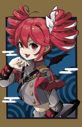  1girl belt black_belt black_border black_sleeve_cuffs blue_background border bow buttons cropped_jacket double-breasted double-parted_bangs drill_hair flat_chest grey_jacket grey_skirt hair_between_eyes hair_bow hair_ribbon highres jacket kakue_gaku kasane_teto kasane_teto_(sv) layered_sleeves long_sleeves looking_at_viewer midriff musical_staff open_mouth red_eyes red_hair red_trim ribbon shoulder_belt shoulder_boards skirt skirt_set sleeve_cuffs solo striped_clothes striped_jacket synthesizer_v twin_drills utau vampire white_bow white_ribbon 