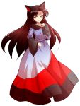  1girl animal_ears brooch brown_hair dairi dress fingernails highres imaizumi_kagerou jewelry long_fingernails long_hair long_sleeves open_mouth red_eyes simple_background smile smug solo touhou white_background wide_sleeves wolf_ears 