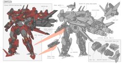  absurdres arm_mounted_weapon arrow_(symbol) booster_rocket concept_art drone energy_sword english_commentary english_text glowing glowing_eyes highres horns mecha mecha_focus no_humans original pointing_out_the_details reference_sheet robot single_horn sword thrusters weapon zen_(jirakun) 
