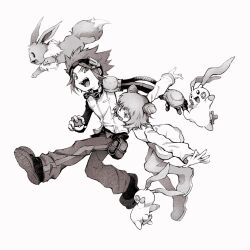  1boy 1girl :d black_hairband double_bun eevee full_body greyscale hair_bun hairband highres holding holding_poke_ball jovi_(pokemon) long_sleeves looking_at_viewer michael_(pokemon) minun monochrome neck_fur open_mouth plusle poke_ball pokemon pokemon_(creature) pokemon_xd shoes short_hair simple_background smile spiky_hair tan_carbonnn thigh-highs white_background 