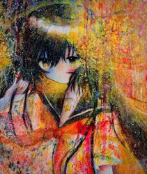  1girl absurdres black_hair black_sailor_collar blush commentary highres kaikanaaaaa long_hair orange_nails original pale_skin sailor_collar scribble shirt solo yellow_eyes 