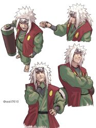  1boy artist_name facial_mark flak_jacket forehead_protector highres jacket jiraiya_(naruto) long_hair male_focus naruto naruto_(series) scroll_tube shirt signature simple_background solo_focus sssiii76102 twitter_username white_shirt 