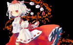 1girl :o animal_ears black_background blush breasts detached_sleeves hat hiyualice inubashiri_momiji leaf red_eyes short_hair silver_hair skirt solo tail tokin_hat touhou wolf_ears wolf_tail 