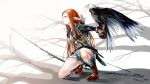  1girl arm_rest arrow bird bow_(weapon) breasts eagle elf geppewi gloves long_hair original pointy_ears quill shorts smile solo squatting weapon 