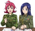  2girls :d aida_mana alternate_costume blue_eyes blue_hair blush crapgame dokidoki!_precure half_updo hishikawa_rikka long_hair map military military_uniform multiple_girls open_mouth pencil pink_eyes pink_hair precure short_hair simple_background smile table uniform white_background 