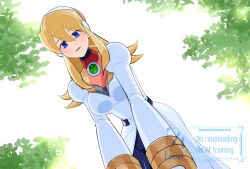  1girl alia_(mega_man) bent_over blonde_hair blue_eyes breasts chest_jewel coat lab_coat long_hair medium_breasts mega_man_(series) mega_man_x_(series) rikka_(user_hruv2435) robot_girl solo watermark white_coat 