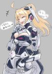  1girl ahoge blonde_hair breasts character_request cleavage cleavage_cutout closed_eyes laughing original power_armor robot_ears short_hair soweldao tears translation_request 