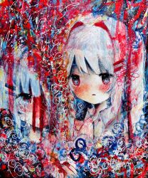  1girl blush hair_intakes hair_ornament hairclip highres kaikanaaaaa original pale_skin red_eyes scribble shirt solo white_hair white_shirt 