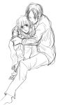  2girls barefoot christa_renz closed_eyes hug hug_from_behind monochrome motyu_(ogik123) multiple_girls pants shingeki_no_kyojin short_hair sitting ymir_(shingeki_no_kyojin) 