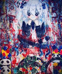  1girl blush commentary hair_bobbles hair_ornament hairclip highres kaikanaaaaa original pale_skin panda panda_girl_(kaikanaaaaa) scribble sharp_teeth shirt smile solo symbol-only_commentary teeth twintails white_hair 