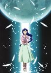  1girl absurdres ankle_boots celvice_klein closed_eyes feathers hairband hands_clasped highres konami long_hair long_skirt low-tied_long_hair moon official_art praying skirt solo zone_of_the_enders 