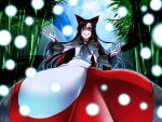  1girl animal_ears bamboo bamboo_forest brooch fingernails forest grin imaizumi_kagerou jewelry kuon_yashiro lights long_fingernails long_hair long_sleeves looking_at_viewer nature red_nails shirt skirt smile solo tail touhou very_long_hair wide_sleeves wolf_ears 