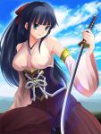  1girl artist_request bare_shoulders black_hair blue_eyes copyright_request detached_sleeves long_hair original solo sword weapon weapon_girls 