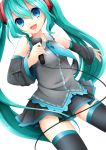  1girl akira_ry0 aqua_hair blue_eyes detached_sleeves hatsune_miku long_hair microphone necktie open_mouth outstretched_arm simple_background skirt solo thighhighs twintails very_long_hair vocaloid white_background 
