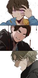 3boys angry banana_r18 black_jacket blue_hoodie brown_eyes brown_hair chocolate earrings glowing glowing_eyes grey_hair hand_over_eye highres hood hoodie inoue_shouma jacket jewelry kamen_rider kamen_rider_gavv_(series) karakida_hanto lakia_amarga male_focus multiple_boys profile sweat veins violet_eyes white_background