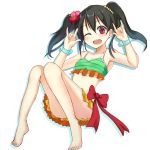  1girl bikini black_hair bow flower hair_ornament looking_at_viewer love_live!_school_idol_project midriff navel okutomi_fumi open_mouth pose red_eyes short_hair simple_background smile solo swimsuit twintails white_background wink yazawa_nico 