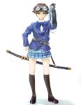  1girl blazer brown_eyes brown_hair goggles highres katana looking_at_viewer ryouku school_uniform shin_megami_tensei shin_megami_tensei:_if... shirt shoes short_hair simple_background skirt socks solo sword tamaki_uchida weapon white_background 