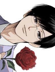  1boy adam's_apple black_hair blue_jacket brown_eyes close-up closed_mouth collared_jacket collared_shirt flower glasses hatching_(texture) highres holding holding_flower jacket light_smile looking_at_viewer male_focus ootori_kyouya ouran_high_school_host_club red_flower red_rose rose shirt short_hair sideways simple_background solo sso_s straight_hair swept_bangs white_background white_shirt 