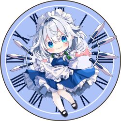  1girl absurdres apron black_footwear blue_dress blue_eyes blush braid chibi clock closed_mouth collared_shirt dress frilled_apron frilled_dress frills full_body grey_hair happy highres izayoi_sakuya knife liefeng_dm looking_at_viewer maid maid_headdress mary_janes medium_hair neck_ribbon pantyhose puffy_short_sleeves puffy_sleeves ribbon roman_numeral shirt shoes short_sleeves smile touhou twin_braids waist_apron white_apron white_pantyhose white_shirt 