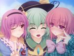  3girls green_hair hairband hat hat_ribbon hata_no_kokoro komeiji_koishi komeiji_satori multiple_girls onsen_tamago_(nurumayu_onsen) pink_eyes pink_hair ribbon smile touhou v 
