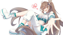  1girl ahoge black_bow black_hair blush boots bow breasts brown_hair chahanramen clothing_cutout crop_top crossed_bangs feather_hair_ornament feathers hair_between_eyes hair_bow hair_ornament hand_on_own_chest heart high_ponytail hololive hololive_english long_hair looking_at_viewer medium_breasts multicolored_hair open_mouth pants platform_boots platform_footwear ponytail reaching reaching_towards_viewer shirt shoulder_cutout simple_background sleeveless smile solo streaked_hair torn_clothes torn_pants two-tone_bow vector_trace very_long_hair white_background white_bow white_footwear white_hair white_pants white_shirt yellow_eyes 