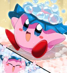  :d blue_eyes blush_stickers bubble bubble_kirby full_body highres kirby kirby&#039;s_dream_land kirby_(series) lets0020 no_humans open_mouth shower_cap smile soap 
