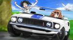  2girls bird black_hair blue_eyes brown_hair car charlotte_e_yeager clouds condensation_trail driving fang francesca_lucchini green_eyes hair_ribbon highres horizon long_hair motor_vehicle multiple_girls nerocc ocean outstretched_arms ribbon road seagull smile street strike_witches sunglasses sunglasses_on_head twintails vehicle 