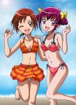  2girls bikini bikini_skirt double_bun hanzou hino_akane hoshizora_miyuki multiple_girls pink_hair precure red_eyes redhead short_hair smile_precure! swimsuit wink 