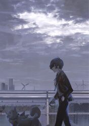  1boy animal black_jacket black_pants building closed_mouth clothed_animal clouds cloudy_sky digital_media_player dog from_side gapamopa gekkoukan_high_school_uniform hand_in_pocket highres jacket koromaru_(persona) leash male_focus open_mouth outdoors pants persona persona_3 pet_walking profile railing red_eyes school_uniform sky wind_turbine yuuki_makoto_(persona_3) 