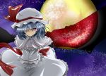  1girl amanekukagenoyuragi arms_behind_back blue_hair brooch capelet full_moon grin hair_over_one_eye hat hat_ribbon highres jewelry light_particles looking_at_viewer mob_cap moon night red_eyes red_moon remilia_scarlet ribbon short_hair skirt skirt_set smile solo touhou wind yellow_moon 