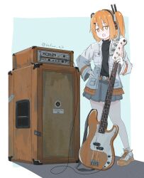  1girl a.i._voice adachi_rei amplifier belt black_shirt blue_background cable full_body gloves grey_skirt guitar hair_ribbon hashtag-only_commentary headlamp highres holding instrument jacket kafumi long_sleeves looking_at_viewer open_clothes open_jacket orange_belt orange_footwear orange_hair radio_antenna ribbon shirt shoes side_ponytail skirt sneakers solo standing utau white_jacket white_ribbon 