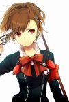  1girl armband brown_hair female_protagonist_(persona_3) gun hair_ornament hairclip headphones highres persona persona_3 ponytail red_eyes ribbon school_uniform shiorinda solo weapon 