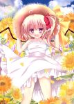  1girl alternate_costume bare_arms blonde_hair blue_sky bow clouds dress fang flandre_scarlet flower hair_bow hands_on_hat hat looking_at_viewer open_mouth petals pink_eyes rika-tan_(artist) side_ponytail sky sleeveless sleeveless_dress smile solo straw_hat sundress sunflower touhou white_dress 