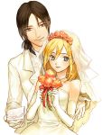  2girls black_hair blonde_hair blue_eyes bride brown_eyes christa_renz couple dress elbow_gloves flower formal gloves hair_between_eyes hair_flower hair_ornament letter light_smile looking_at_viewer multiple_girls parkga shingeki_no_kyojin short_hair shoulderless_dress smile veil wedding wedding_dress white_dress white_gloves ymir_(shingeki_no_kyojin) yuri 