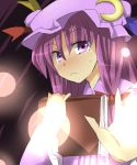  1girl :&lt; blush book crescent hat hat_ribbon patchouli_knowledge purple_hair ribbon solo touhou violet_eyes 