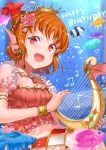  1girl :d air_bubble alternate_hairstyle armlet bangs bracelet bubble crown dated earrings eyebrows_visible_through_hair fish flower hair_bun hair_flower hair_ornament happy_birthday harp head_fins holding holding_instrument instrument jewelry jyon looking_at_viewer love_live! love_live!_sunshine!! music musical_note navel necklace open_mouth orange_hair pink_flower pink_shirt playing_instrument red_eyes shirt short_sleeves smile solo takami_chika underwater upper_teeth 