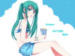  1girl bikini bracelet character_name green_eyes green_hair hatsune_miku jewelry long_hair open_mouth sitting solo swimsuit twintails vocaloid 