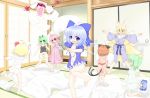  6+girls =_= animal_ears antennae bare_legs barefoot blonde_hair blue_eyes blue_hair blush bow breasts brown_hair cat_ears cat_tail chen cirno cleavage daiyousei dakimakura_(object) earrings fox_ears fox_tail futon gap green_eyes green_hair hair_bow hair_ribbon heavy_breathing highres ice ice_wings jewelry looking_at_viewer mofu_mofu multiple_girls multiple_tails mystia_lorelei navel open_clothes open_mouth outstretched_arms pajamas pillow pillow_fight pink_eyes pink_hair ribbon rumia short_hair side_ponytail tail touhou unzipped wings wriggle_nightbug yakumo_ran yes-no_pillow 