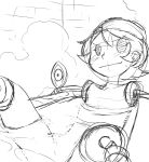  1girl android bath bathing blush extra_eyes eye_socket flat_chest hat hat_removed headwear_removed mechanical_arms monochrome no_hat no_nipples nude peacock_(skullgirls) short_hair simple_background sketch skullgirls smile solo steam tsukudani_(coke-buta) white_background work_in_progress 