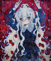  1girl absurdres blue_nails blush bracelet commentary dress flower food food-themed_hair_ornament fruit hair_flower hair_ornament hairclip highres jewelry kaikanaaaaa lace original pale_skin panda_girl_(kaikanaaaaa) scribble strawberry strawberry_hair_ornament symbol-only_commentary v white_hair 