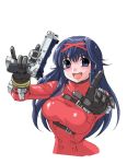  1girl \m/ black_gloves blue_eyes blue_hair blush breasts bust gloves gun hair_ribbon inoue_sora jacket large_breasts long_hair nazume_mikuru pistol red_jacket ribbon smile solo trigger_discipline weapon zero_in 