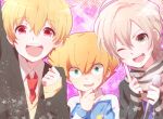  3boys blonde_hair free! green_eyes grey_eyes hazuki_nagisa inazuma_eleven_(series) inazuma_eleven_go inazuma_eleven_go_galaxy male microphone mikado_nagi minaho_kazuto moyuchocolats multiple_boys necktie open_mouth pink_hair red_eyes scarf school_uniform season_connection seiyuu_connection short_hair smile soccer_uniform sweat uta_no_prince-sama vest wink 