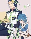  2boys age_difference badge blonde_hair blue_hair button_badge child dramatical_murder green_eyes hat multiple_boys necktie noiz_(dramatical_murder) piercing rabbit seragaki_aoba studded_bracelet tigira time_paradox yellow_eyes young 