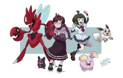  2girls :d absurdres adapted_costume ahoge alternate_color arm_up artist_name black_footwear blue_socks blush braid brown_footwear clenched_hands commentary danganronpa_(series) danganronpa_another_episode:_ultra_despair_girls dress eevee english_commentary eyelashes glasses green_eyes green_hair grey_eyes hair_ornament heart highres holding holding_poke_ball insect_wings jumping kiana_mai long_hair long_skirt mole mole_under_mouth morpeko morpeko_(hangry) multiple_girls necktie open_mouth pincers poke_ball poke_ball_(basic) pokemon pokemon_(creature) purple_hair purple_skirt purple_sweater red_eyes red_necktie round_eyewear scizor shiny_pokemon shoes short_hair simple_background skirt smile socks standing sweater teeth twin_braids untied_footwear upper_teeth_only v-shaped_eyes violet_eyes whismur white_dress white_socks wings yellow_eyes 