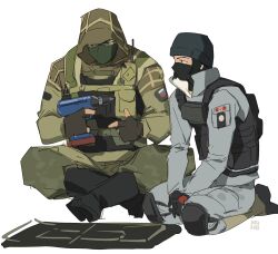 1boy 1girl beanie bear_trap body_armor boots canadian_flag drill fingerless_gloves frost_(rainbow_six_siege) gloves gorka gorka-4 highres hood_up hooded_jacket jtf-2 kapkan_(rainbow_six_siege) kneeling looking_at_another mask military_uniform on_floor original patch radio_antenna rainbow_six_siege russian_flag si_ming sitting smersh spetsnaz spetznaz trap ubisoft vest video_game
