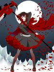  1girl black_hair boots cape cross full_moon hola moon pantyhose petals redhead rose_petals ruby_(rwby) rwby scythe short_hair skirt solo weapon 