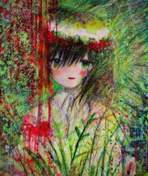  1girl absurdres black_hair blush commentary green_eyes highres kaikanaaaaa original pale_skin plant scribble shirt smile solo white_shirt 